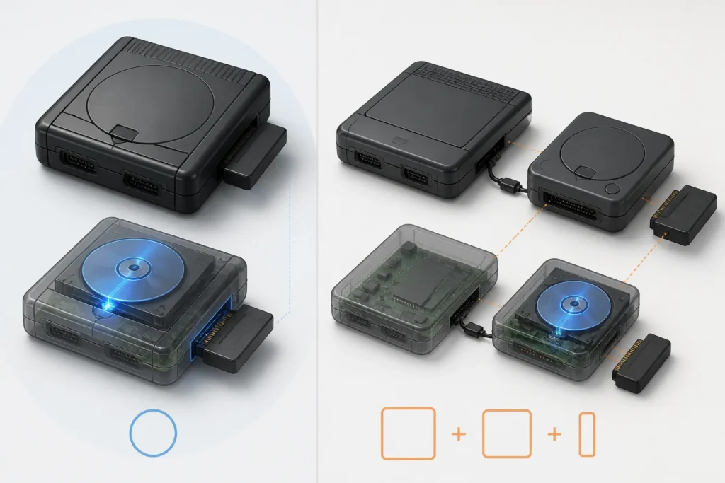 Confronto concettuale tra una console retrò integrata tipo CDX e un sistema modulare con espansione CD separata.