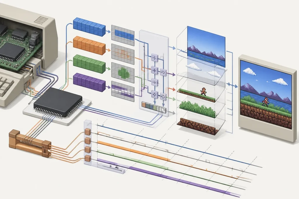 Illustrazione concettuale del flusso grafico su Amiga con blocchi di memoria, sprite e sincronizzazione hardware.