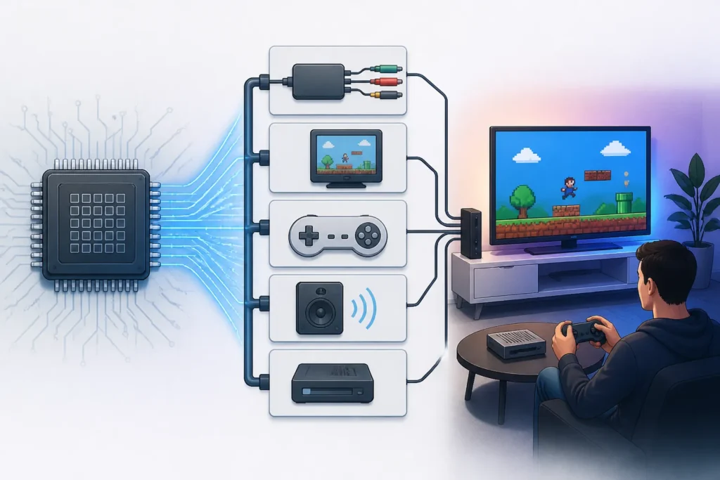 Schema concettuale della catena tra FPGA, display, controller e postazione di gioco.
