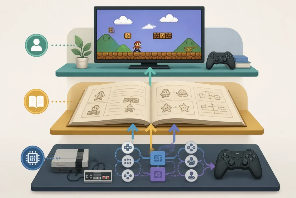 Illustrazione concettuale dei tre livelli di consultazione di un gioco: gameplay, manuale e mediazione tecnica moderna.