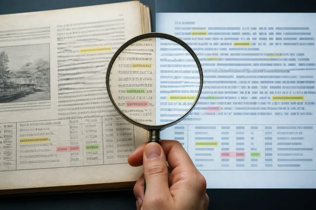 Un controllo qualità confronta il testo OCR con l’immagine originale per trovare errori nei dettagli importanti.