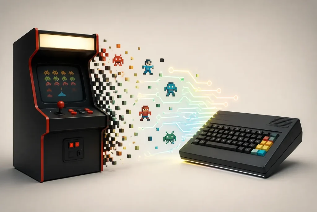Illustrazione concettuale di un arcade anni Ottanta che si collega a un computer retro moderno, a rappresentare la conversione del gioco su ZX Spectrum Next.