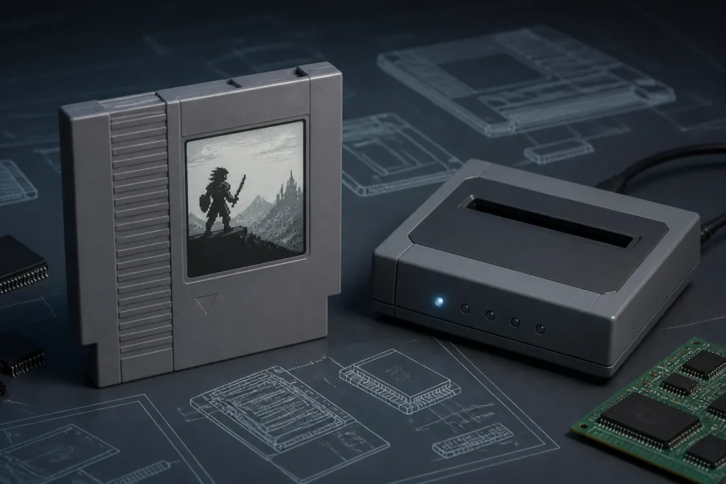 Cartuccia riscrivibile con piccolo display eInk che indica il gioco caricato, rappresentata in modo concettuale.