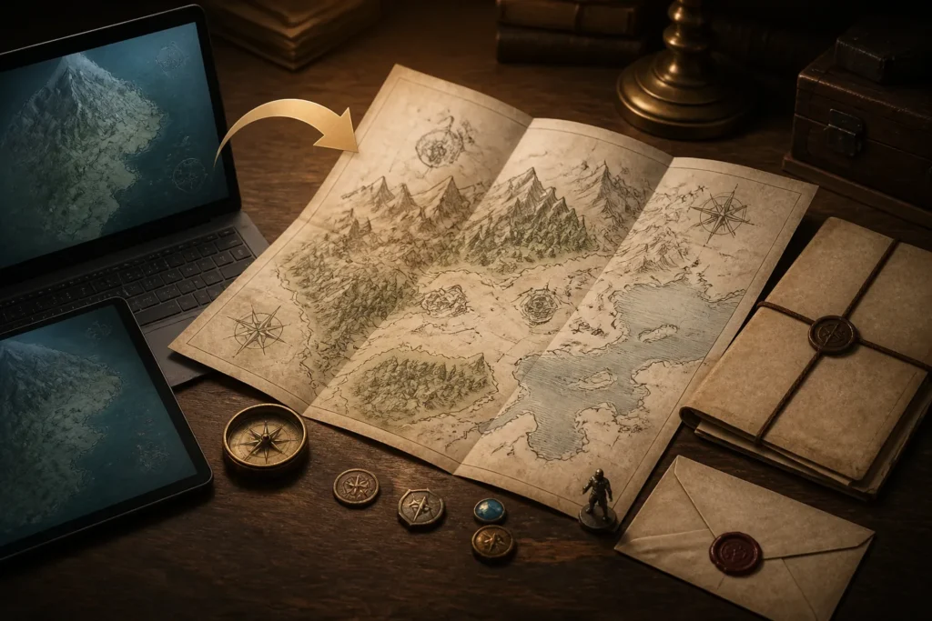 Una mappa fantasy e alcuni documenti da confezione disposti su un tavolo, per mostrare come i materiali cartacei estendessero la narrativa del gioco.