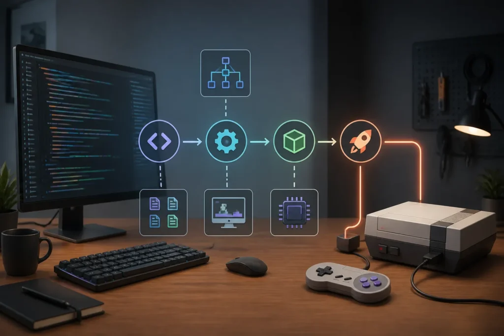 Workflow concettuale che mostra compilazione, emulazione e trasferimento del software da un computer moderno a una console retro.