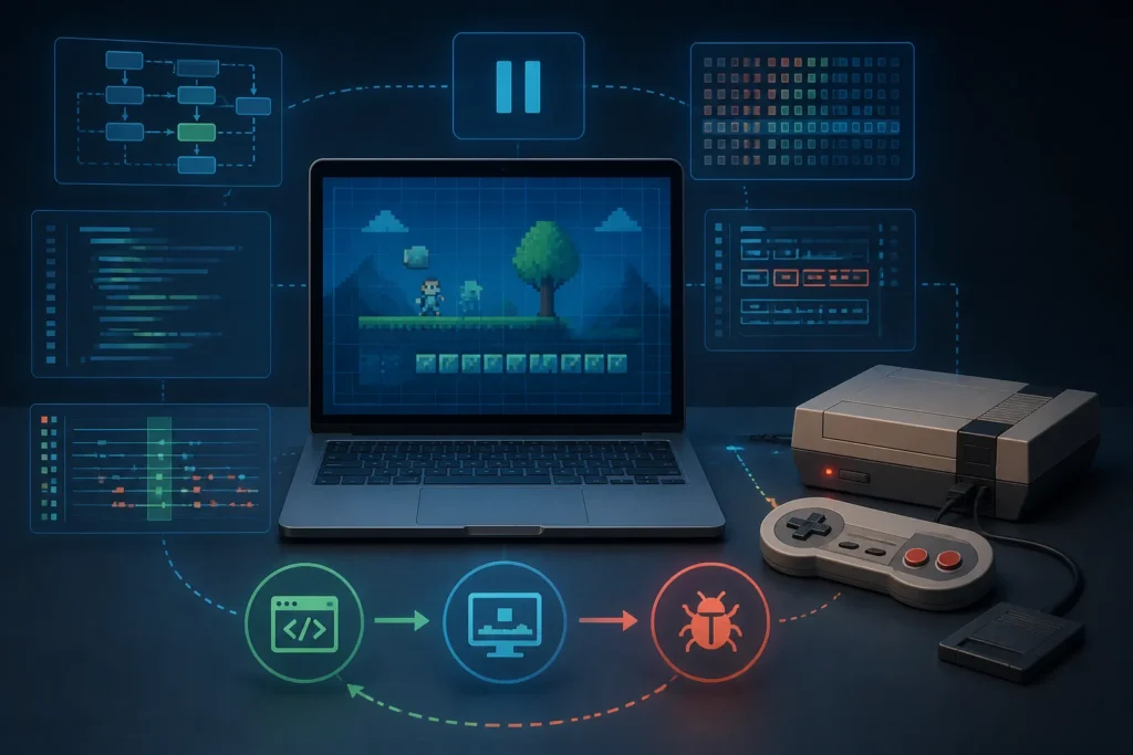 Ciclo concettuale di sviluppo con emulazione, debugging e verifica su console reale per un progetto GameCube.