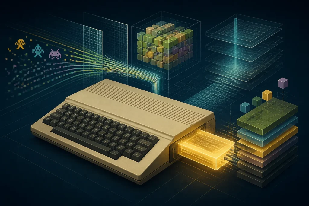 Un computer domestico anni Ottanta con un modulo di espansione inserito lateralmente, circondato da forme astratte che suggeriscono memoria e dati.