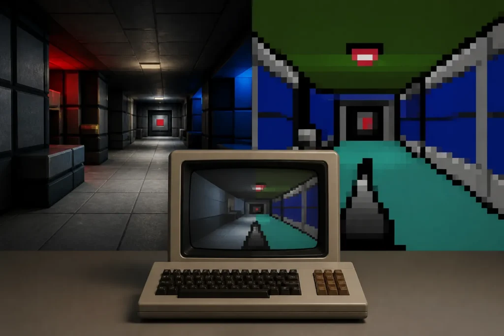 Confronto visivo concettuale tra un FPS tridimensionale moderno e una versione semplificata in stile Commodore 64.