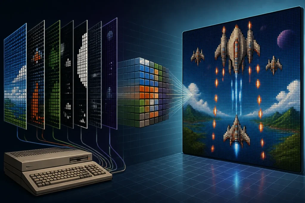 Illustrazione concettuale del passaggio dalla grafica planare Amiga alla grafica framebuffer RTG.