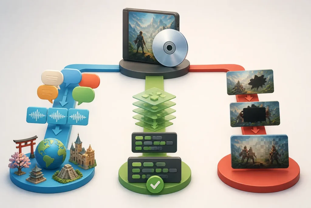 Illustrazione concettuale che mostra localizzazione, revisione e censura come tre interventi diversi su un videogioco.