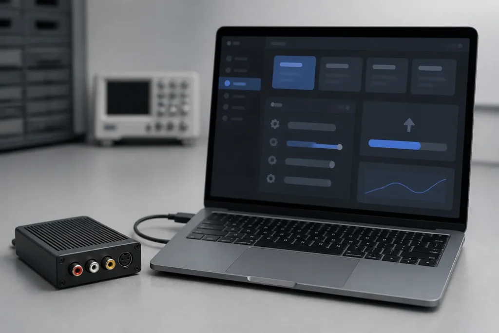 Un dispositivo scaler retrò collegato via USB a un laptop con un’interfaccia astratta per profili e aggiornamenti.