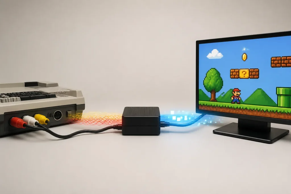 Console d’epoca collegata a uno scaler che converte il segnale verso un monitor moderno.