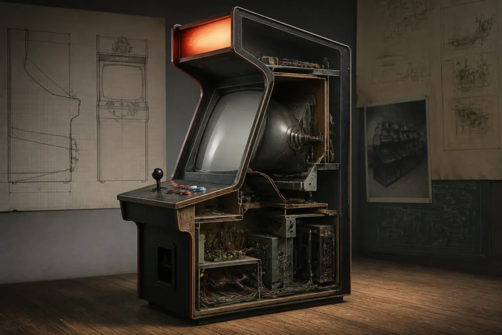 Una macchina arcade mostrata come oggetto fisico complesso, con mobile, schermo e controlli visibili in sezione.