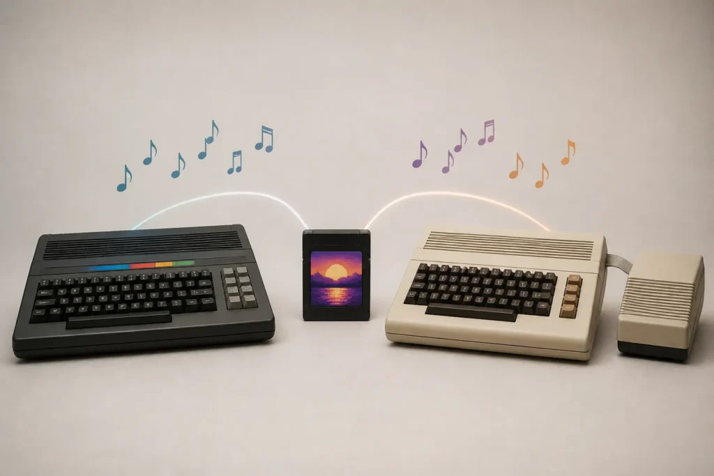 Due computer vintage affiancati, con una espansione di memoria sul secondo e un elemento visivo che suggerisce il collegamento tra due giochi homebrew.