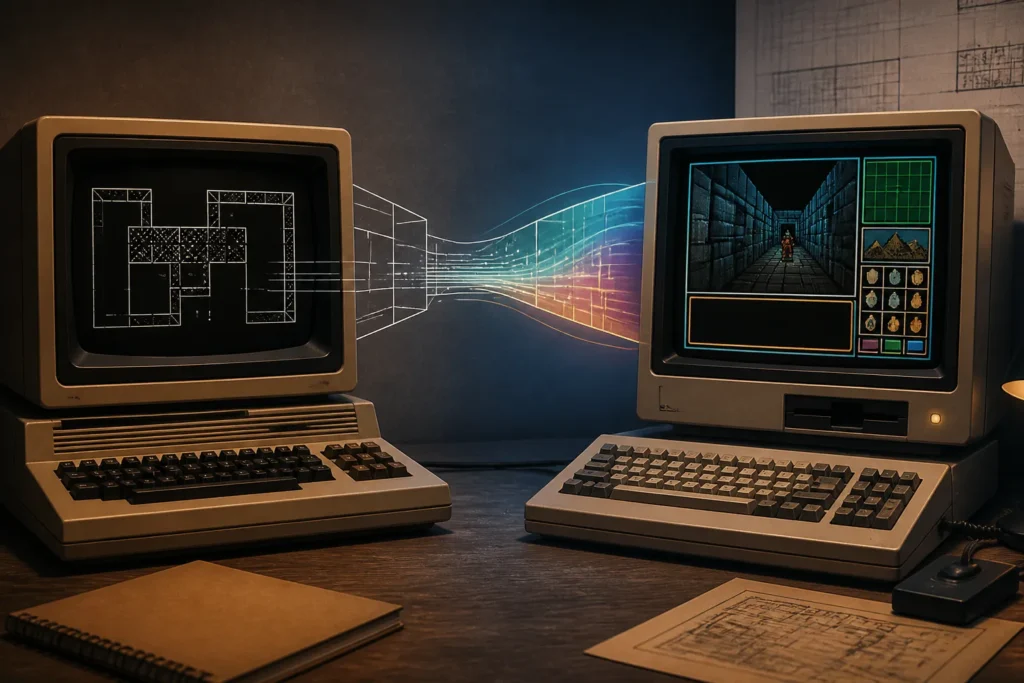 Illustrazione concettuale di una conversione di Wizardry da computer domestico classico ad Atari ST, tra grafica essenziale e presentazione più moderna.