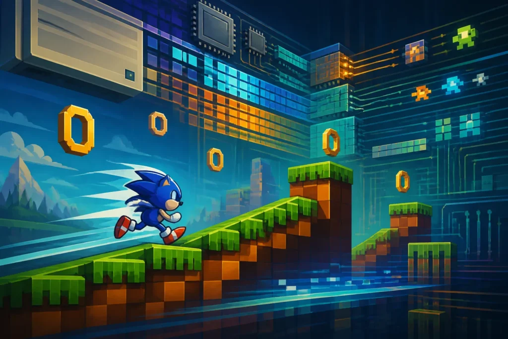 Illustrazione concettuale di un personaggio ispirato a Sonic che corre su uno scenario retro con elementi astratti che richiamano l’hardware Amiga 1200.