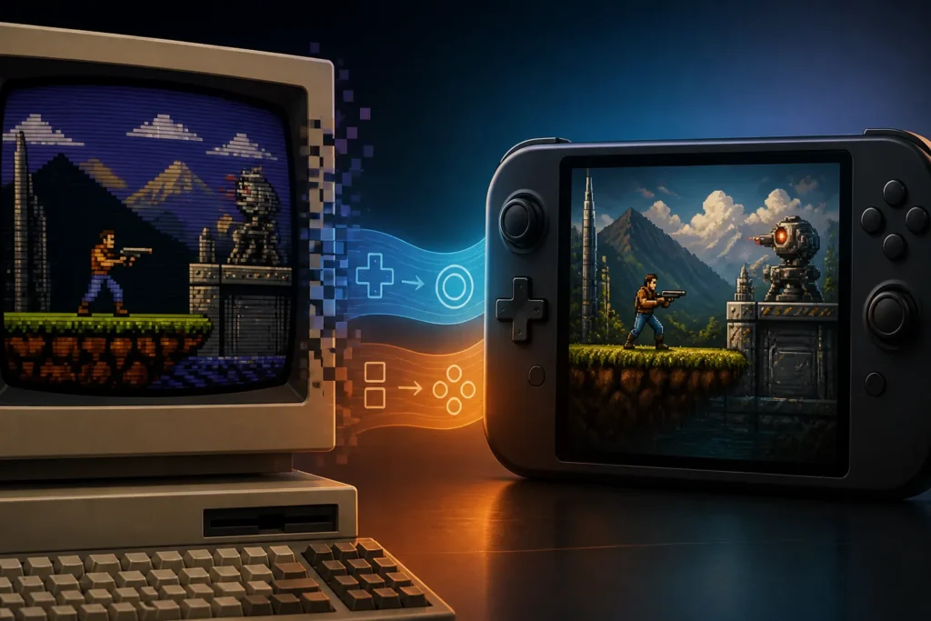 Illustrazione concettuale del passaggio di un gioco DOS da un vecchio monitor a una console portatile moderna.