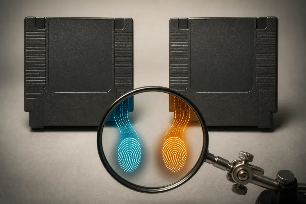 Due copie identiche di un gioco affiancate con un elemento di analisi che evidenzia differenze interne.