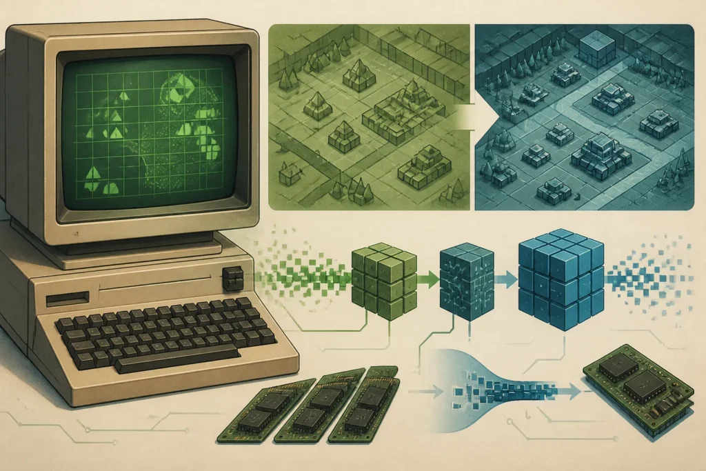 Illustrazione concettuale di un gioco strategico adattato a un computer 16 bit, con mappa stilizzata e simboli di risorse tecniche limitate.
