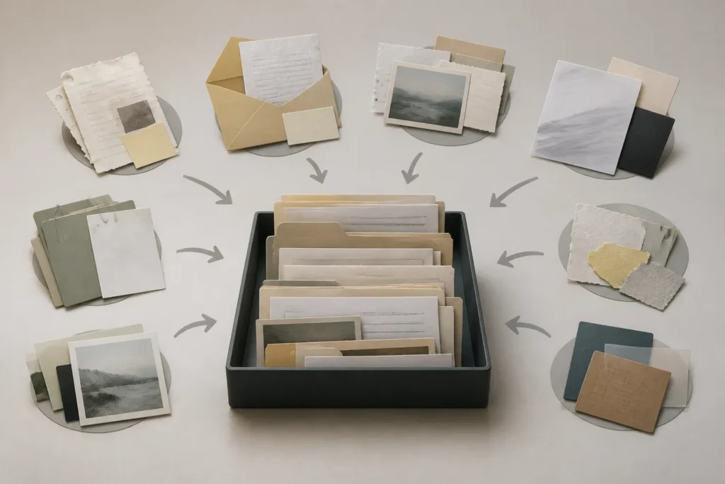 Frammenti informativi provenienti da canali diversi convergono in un archivio ordinato, come prove raccolte prima della pubblicazione.