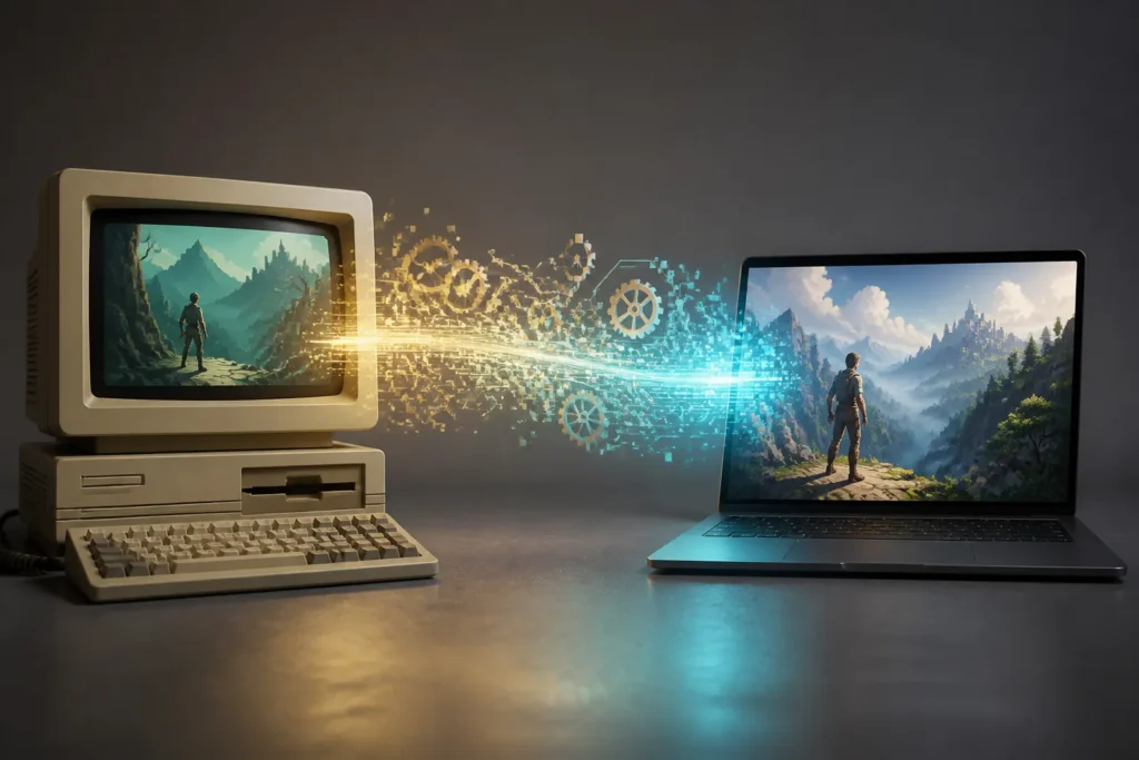 Illustrazione concettuale di un vecchio gioco per PC collegato a un dispositivo moderno tramite un ponte simbolico di elementi digitali.