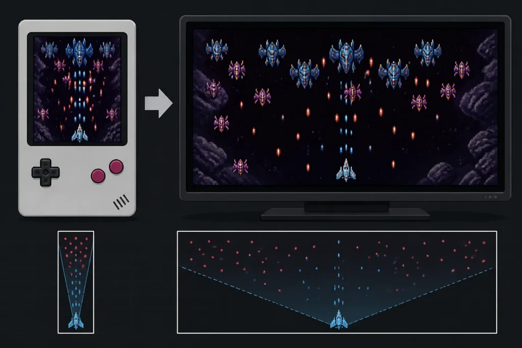 Confronto concettuale tra uno schermo portatile più piccolo e un display domestico più ampio in un gioco sparatutto retrò.