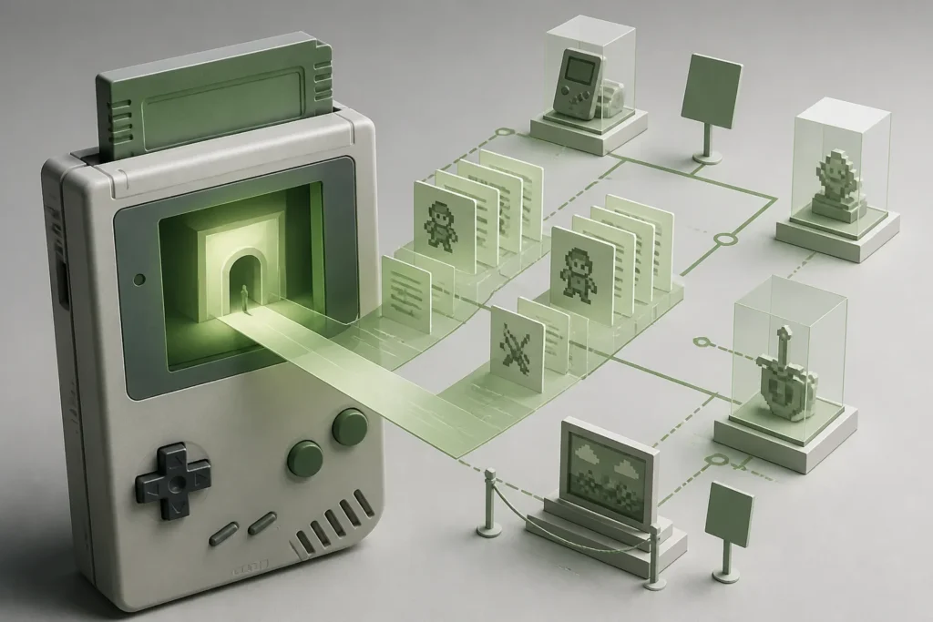 Un Game Boy con cartuccia inserita e una rappresentazione astratta di archivio museale che emerge dallo schermo.