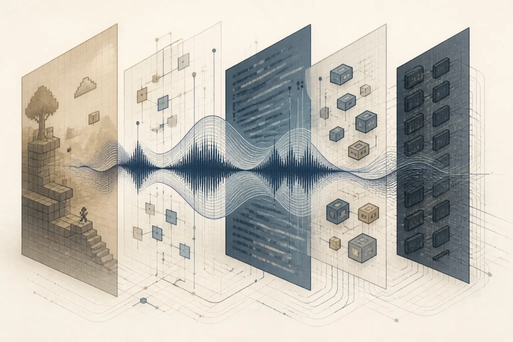 Un’illustrazione concettuale mostra una traccia musicale e i suoi strati tecnici collegati al sistema che l’ha riprodotta.
