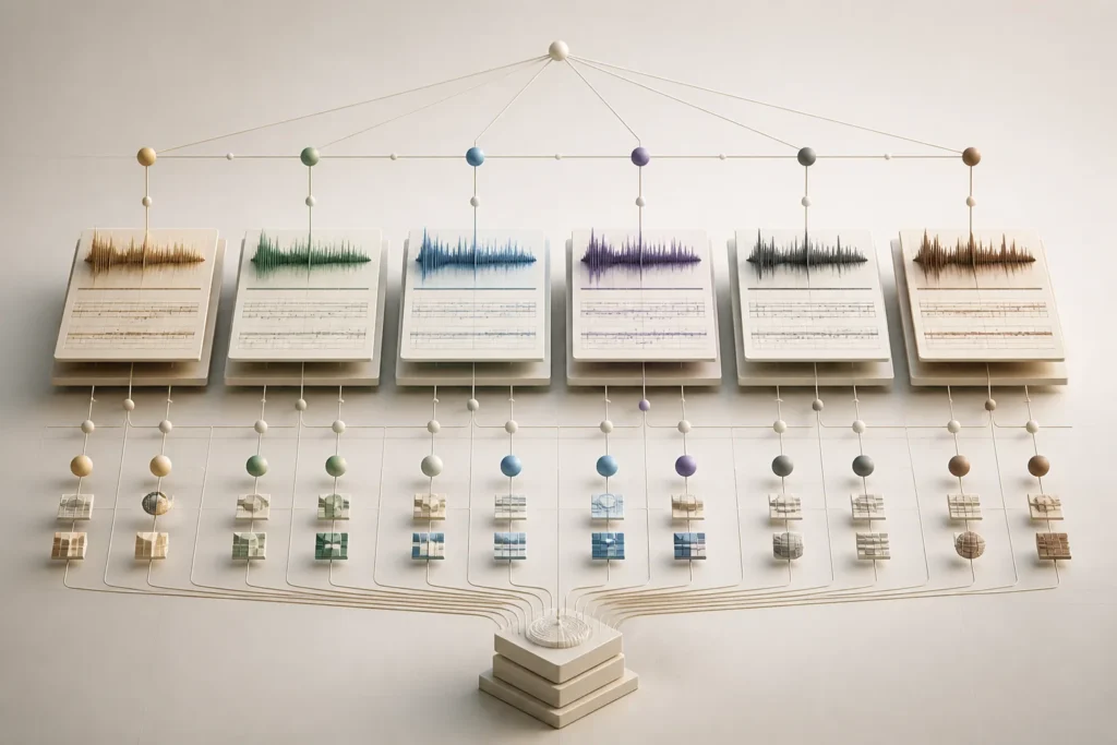 Un’illustrazione concettuale mostra varie versioni della stessa soundtrack collegate da metadati e relazioni di archivio.