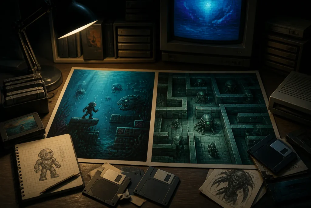 Illustrazione concettuale di un classico videoludico retro e di una raccolta anniversario, con riferimenti visivi a giochi anni 90 e ambientazioni fantascientifiche.