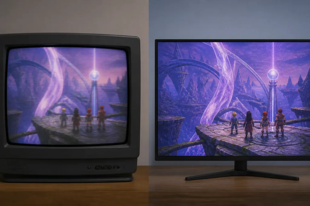 Confronto concettuale tra resa morbida su CRT e nitidezza su schermo moderno per un JRPG PS2.