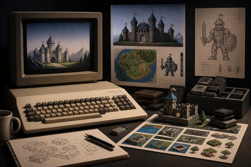 Postazione retro con computer storico e simboli visivi di un gioco medievale in sviluppo.