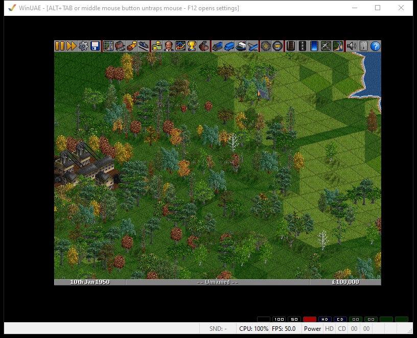 OpenTTD running on an emulated A4000/040 with AGA