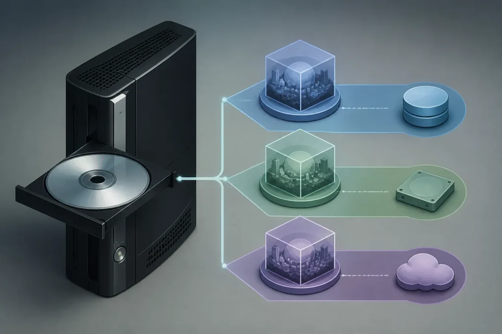 Una console con disco ottico e strati visivi che indicano supporto fisico, memoria locale e servizi remoti.