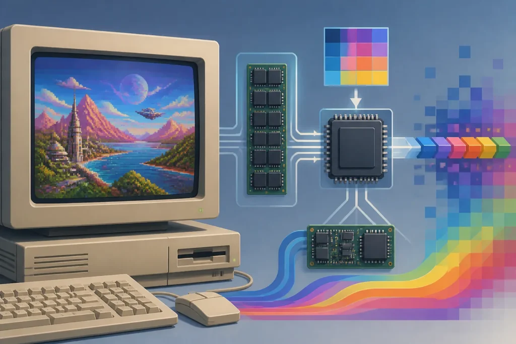 Illustrazione concettuale di una piattaforma retro con grafica a 256 colori e vincoli hardware condivisi.
