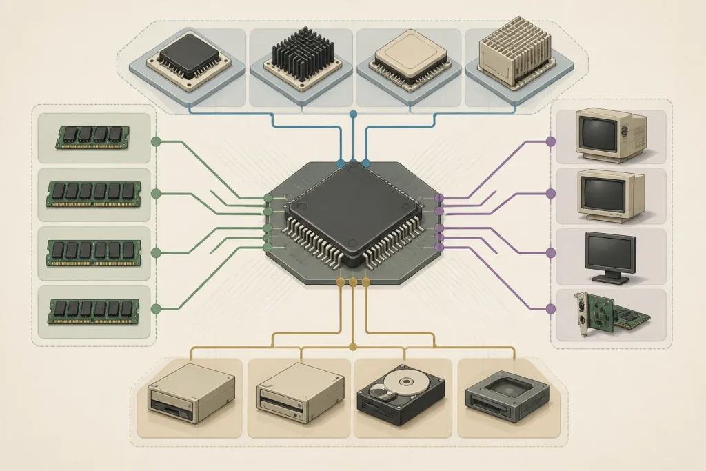 Diagramma concettuale di un sistema AGA con chipset comune e requisiti variabili di CPU e memoria.