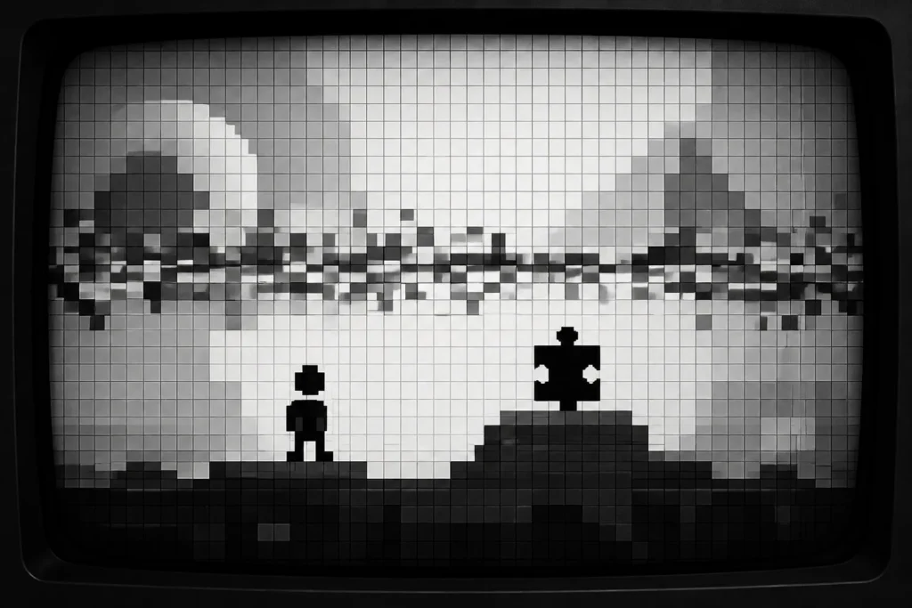 Composizione astratta in bianco e nero con griglia di pixel, forme sovrapposte e un piccolo personaggio pixelato, a rappresentare i limiti grafici dello ZX Spectrum.