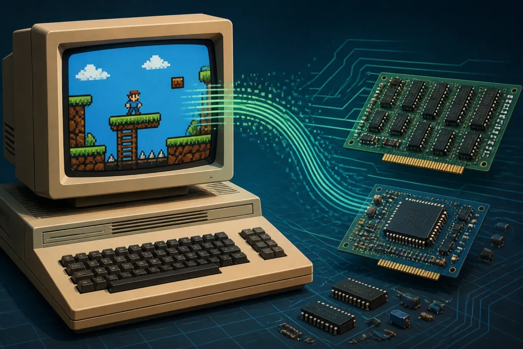 Computer retrò e scena platform collegati da elementi circuitali, a rappresentare il porting su MSX2.