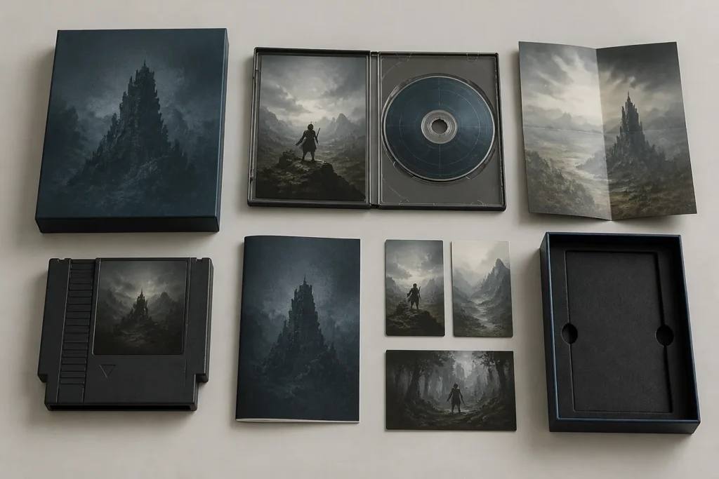 Una riedizione fisica di un videogioco mostrata come insieme di elementi archivistici: supporto, manuale e confezione.
