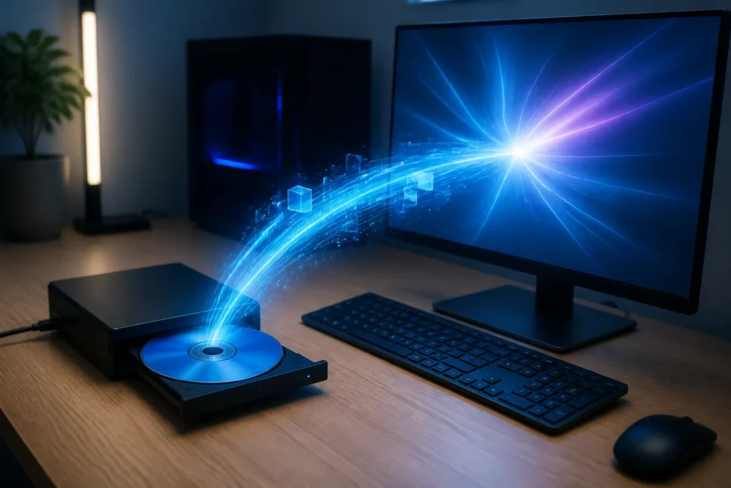 Un disco Blu-ray PS3 inserito in un lettore collegato a un computer, con un flusso visivo che suggerisce il caricamento diretto nell’emulatore.