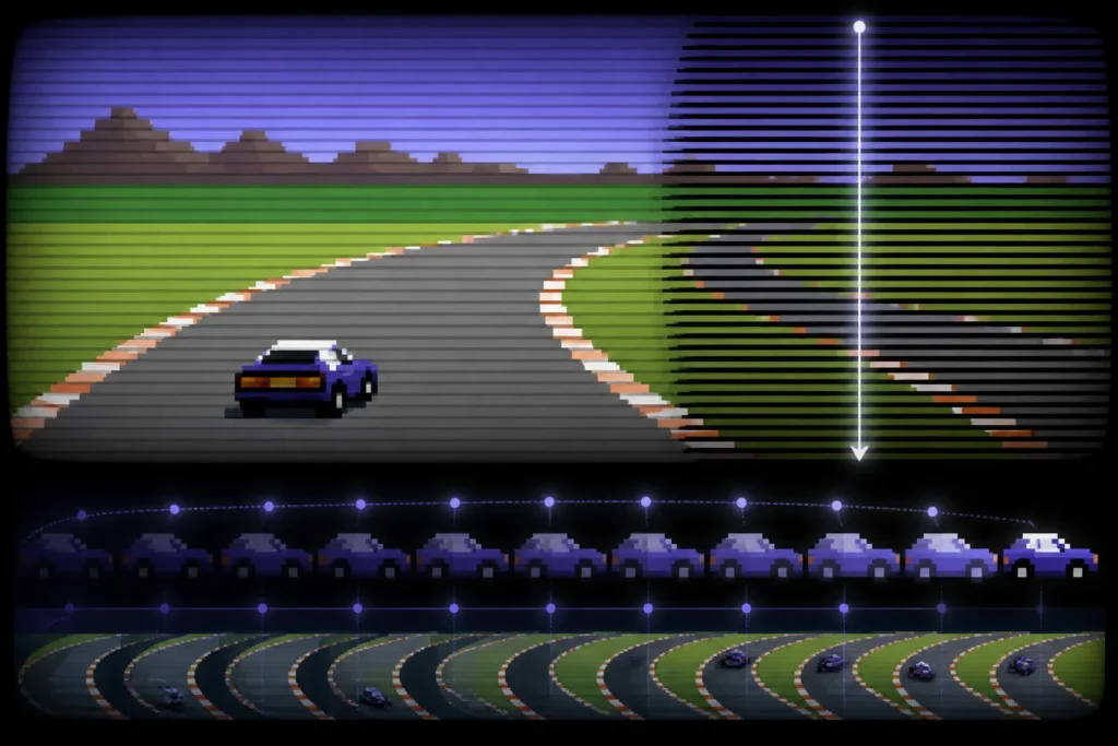 Illustrazione concettuale di un’auto pixel-art che corre in modo fluido, con richiami astratti alla sincronizzazione PAL e al refresh video.