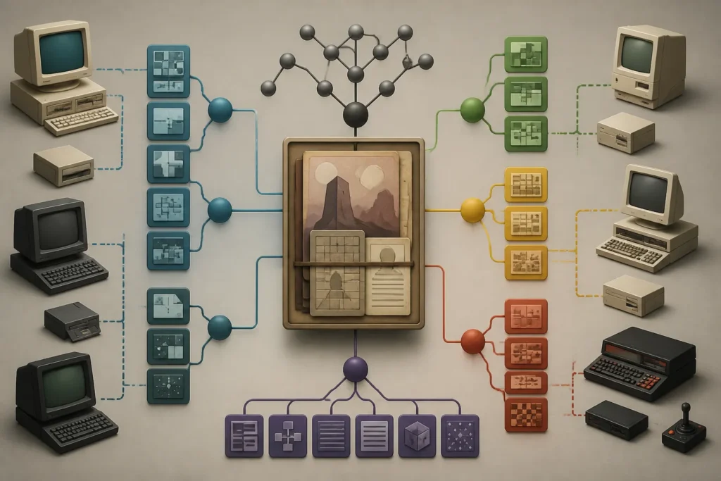 Rete concettuale di file, script e versioni collegate a diverse piattaforme retro.