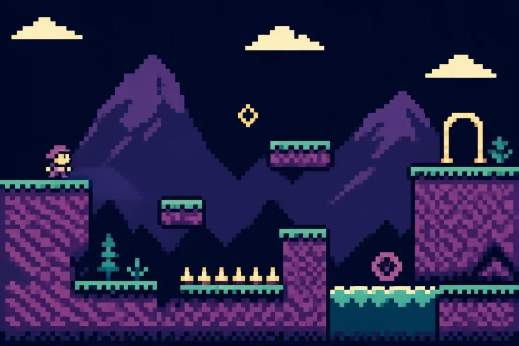 Illustrazione concettuale di un platform retro a schermata singola con personaggio, piattaforme e ostacoli geometrici.