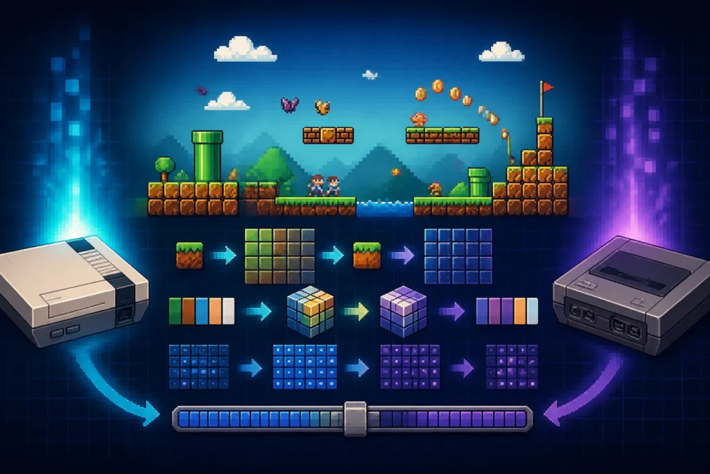 Illustrazione concettuale di un porting tra due console a 8 bit con un livello platform che viene convertito da un sistema all’altro.