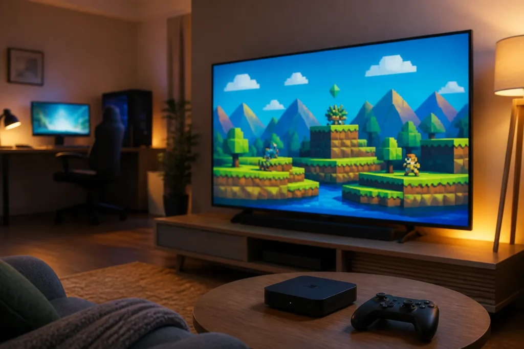 Soggiorno moderno con TV e controller che suggerisce l’emulazione SNES sul televisore.