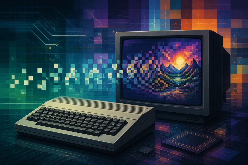 Illustrazione concettuale di una conversione Amiga AGA con grafica che passa da semplice a più avanzata.