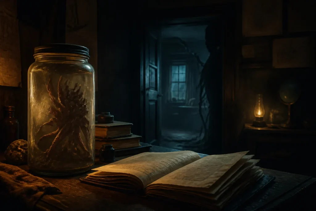 Scena cupa con un barattolo inquietante su un tavolo, in una stanza ombrosa che suggerisce una storia horror illustrata.