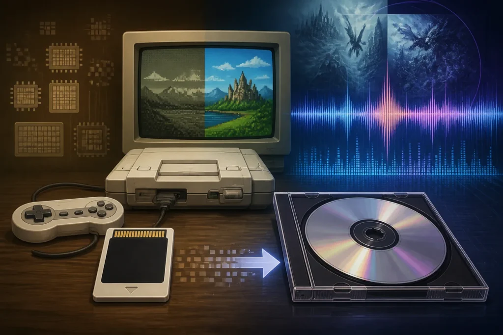 Illustrazione concettuale del passaggio dal supporto cartuccia al CD-ROM nei giochi di ruolo per PC Engine.