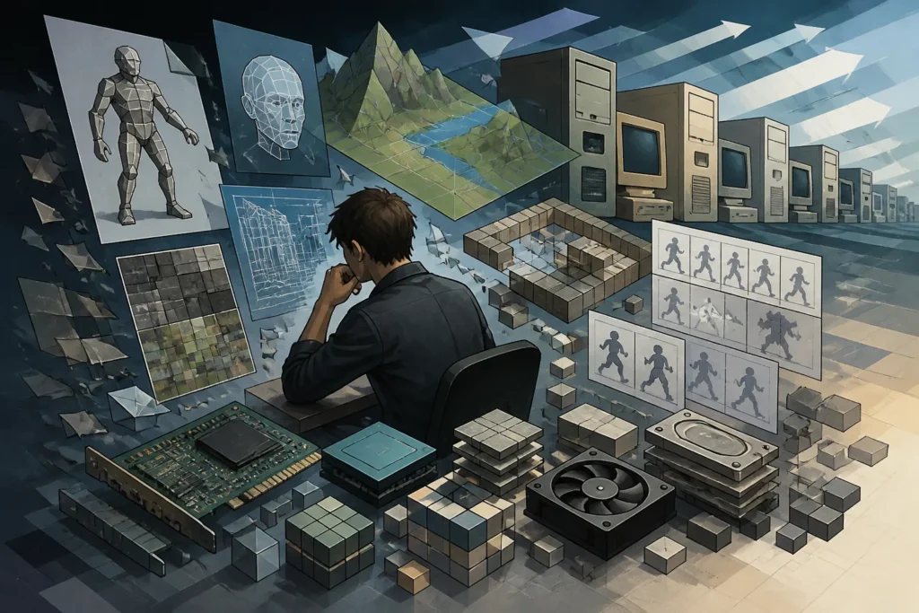 Illustrazione concettuale di un autore circondato da moduli di produzione, mesh poligonali e hardware PC in evoluzione, a indicare la complessità dello sviluppo tridimensionale.