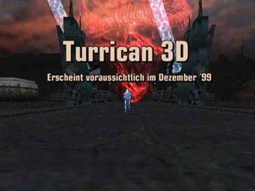 Schermata di presentazione di Turrican 3D con il protagonista e il titolo davanti a una fortezza.